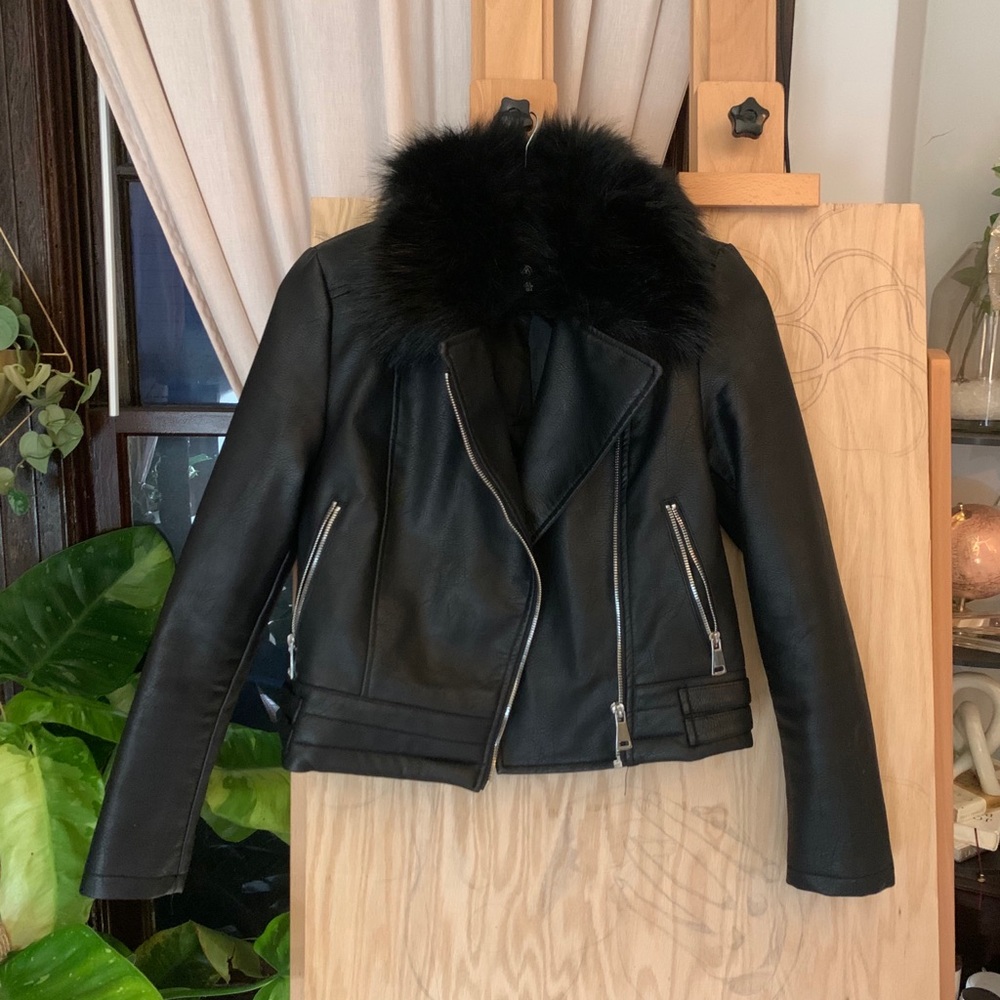 Misguided faux-leather faux-fur biker jacket